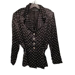 Vintage Betsy Johnson Artsy Satin Blazer L Jacket Blouse Black Golden Polka Dot
